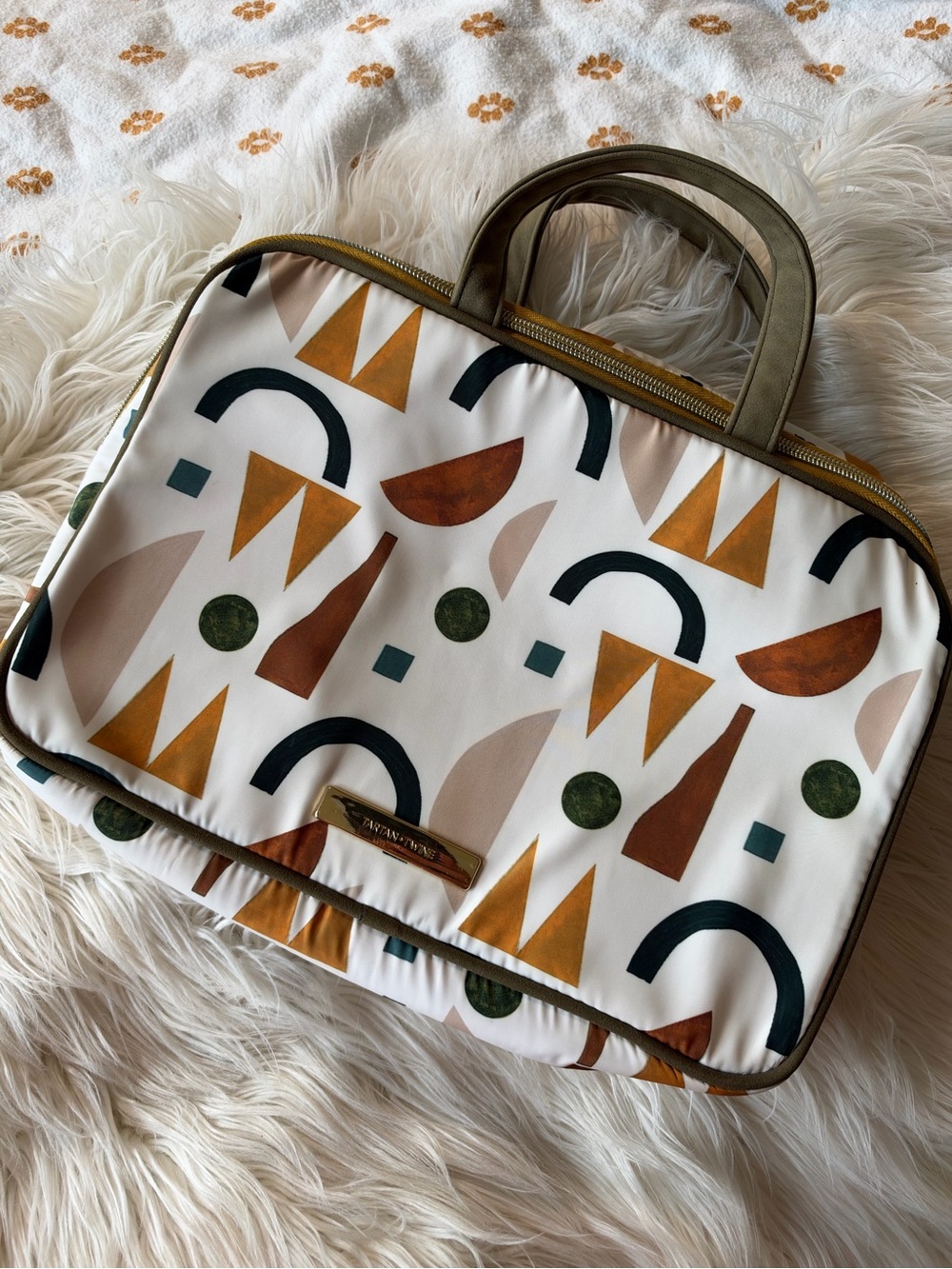 Cream Geometric Travel Cosmetic Bag with Olive & Rust Accents